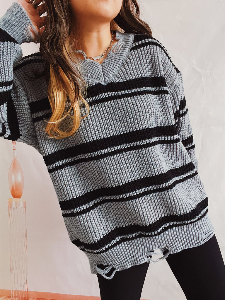 Loose oversized V-neck ripped striped knit Pullover Sweater