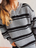 Loose oversized V-neck ripped striped knit Pullover Sweater