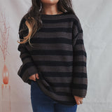 Loose Bateau Collar Striped Long-Sleeved Knitted Pullover Casual Sweater