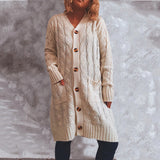 Single-Breasted Burlap Pocket Knitted Long Sweater Cardigan Jacket