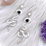 Silver Snake Moon Black Jasper Crystal Drop Earrings