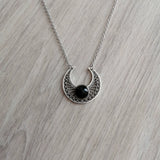 Black Natural Agate Filigree Crescent Moon Pendant Necklace
