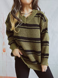 Loose oversized V-neck ripped striped knit Pullover Sweater