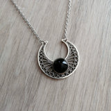Black Natural Agate Filigree Crescent Moon Pendant Necklace
