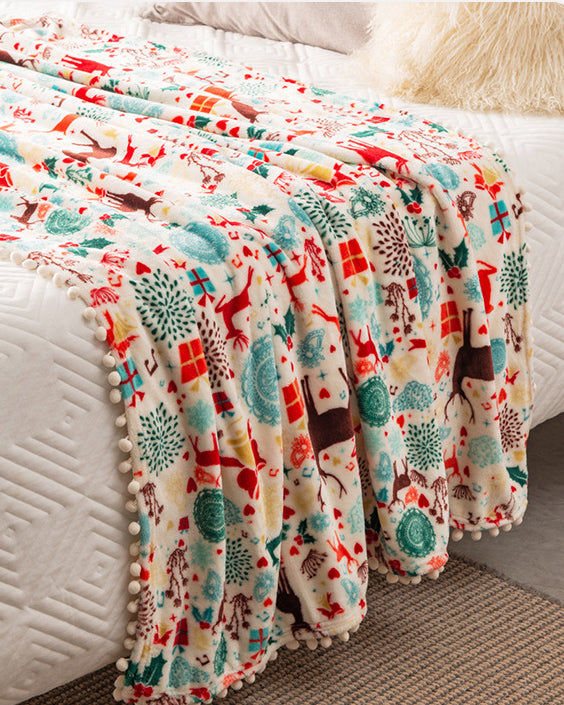 Christmas Double-Sided Deer Printed Flannel Blanket With Ball