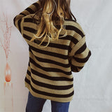 Loose Bateau Collar Striped Long-Sleeved Knitted Pullover Casual Sweater