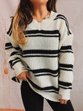 Loose oversized V-neck ripped striped knit Pullover Sweater