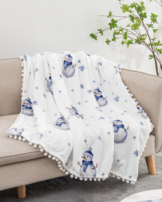 Christmas Double-Sided Snowman Printed Flannel Blanket With Ball