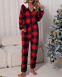 Christmas Red Plaid Fleece Loose Zipper Lounge Jumpsuit