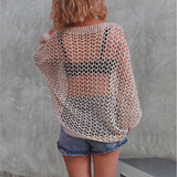 Knitted Hollow Gold Thread Batwing-Sleeves Beach Sun Protection Cover-Up Pullover Sweater