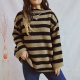 Loose Bateau Collar Striped Long-Sleeved Knitted Pullover Casual Sweater