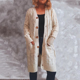 Single-Breasted Burlap Pocket Knitted Long Sweater Cardigan Jacket