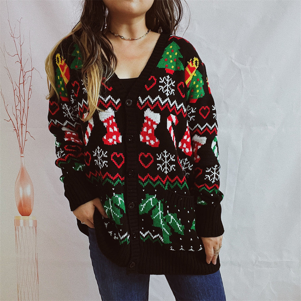 Christmas Socks & Abies Leaves Pattern Cardigan Sweater