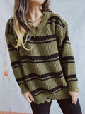 Loose oversized V-neck ripped striped knit Pullover Sweater