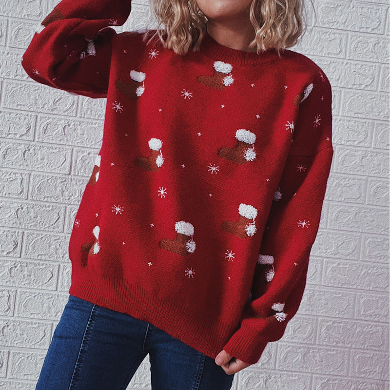Christmas Socks Pattern Jacquard Pullover Sweater