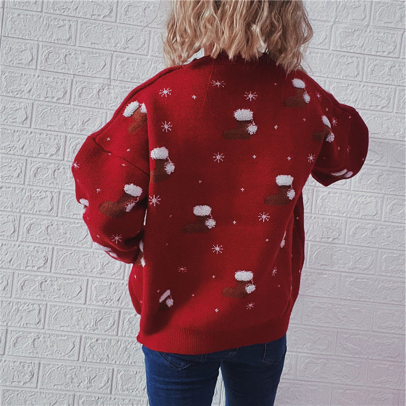 Christmas Socks Pattern Jacquard Pullover Sweater