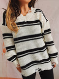 Loose oversized V-neck ripped striped knit Pullover Sweater