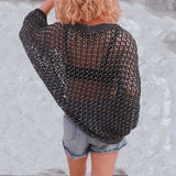 Knitted Hollow Gold Thread Batwing-Sleeves Beach Sun Protection Cover-Up Pullover Sweater