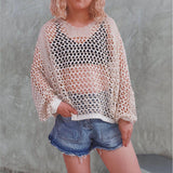 Knitted Hollow Gold Thread Batwing-Sleeves Beach Sun Protection Cover-Up Pullover Sweater
