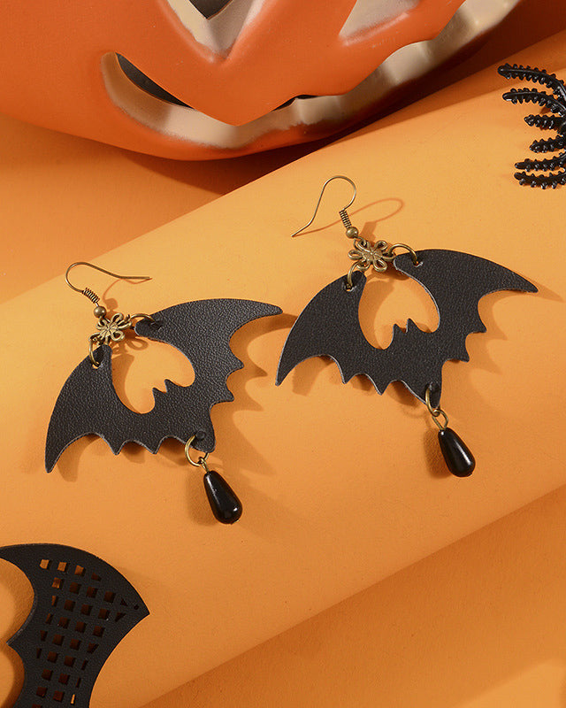 Halloween Funny Black Leather Bat Earrings