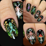 Matte Black Base With Hand-Painted Forest Designs, Featuring Mushrooms, Flowers, And Starry Elements, Press-On Nail Set With Nail File And Jelly Glue
