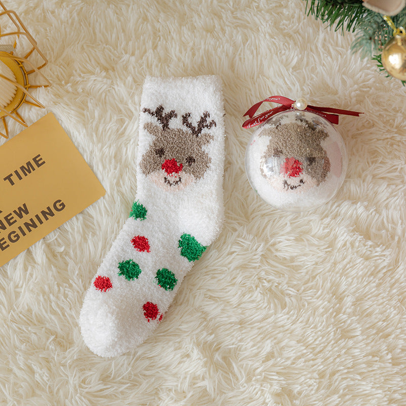 Christmas Cute Deer White Printed Coral Fleece Thick Socks