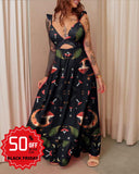 Black Moon Mushroom Print Backless Slip Dress