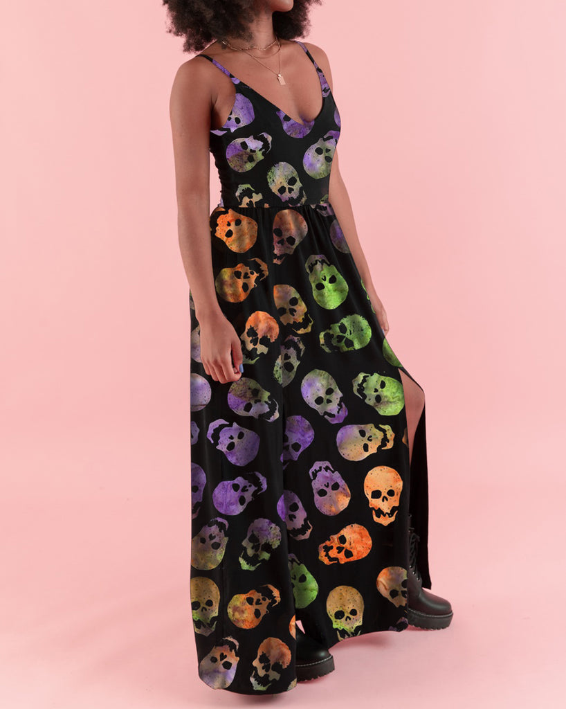 Halloween Psychedelic Colored Skulls Printed Slit Halter Dress