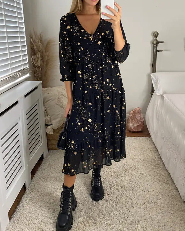 Magical Starry Stars Printed Loose Midi Dress