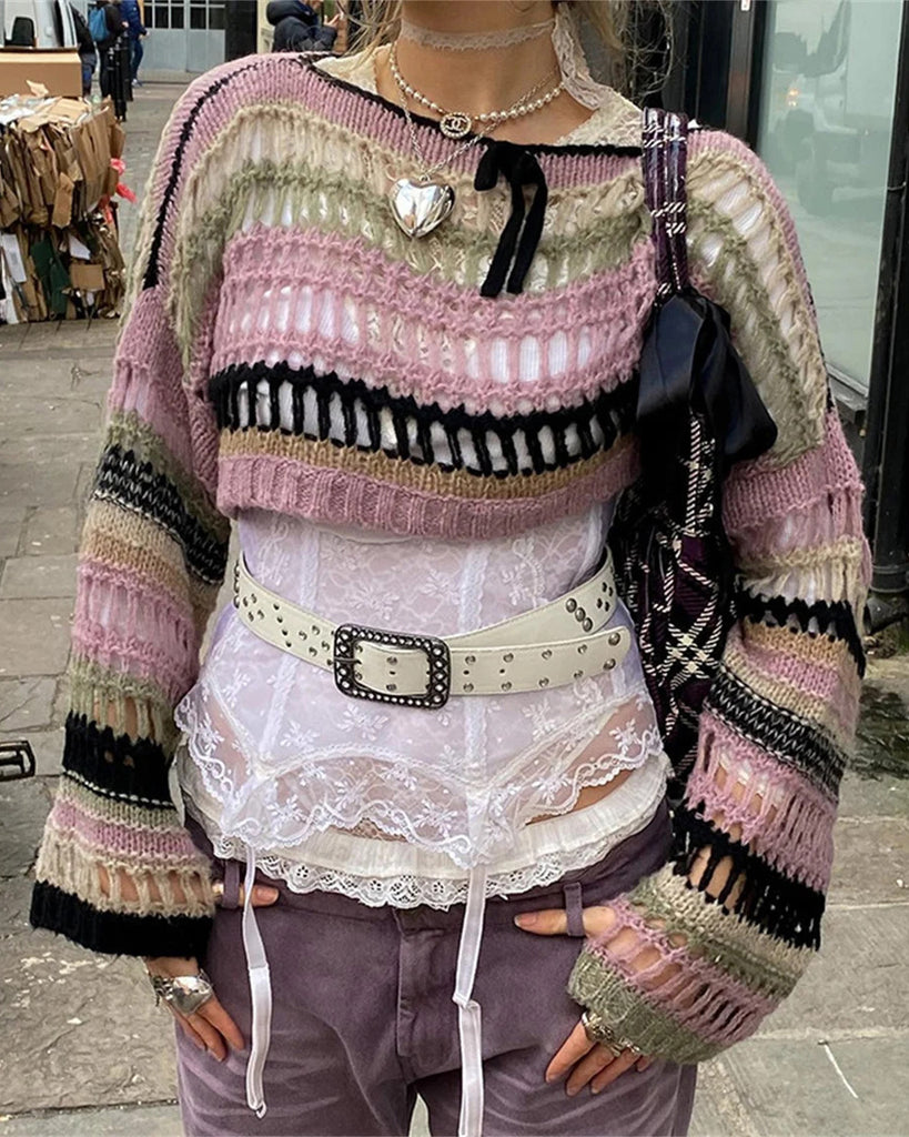 Patchwork Cozy Knitted Crop Top Sweater