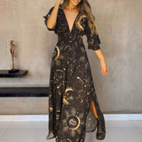 Luna Solar & Stars Printed 3/4 Sleeves Maxi Dress