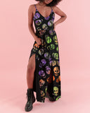 Halloween Psychedelic Colored Skulls Printed Slit Halter Dress