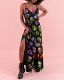 Psychedelic Colored Skulls Printed Slit Halter Dress