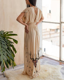 Mystic Starry Deer and Snake Printed Drawstring Maxi Dress