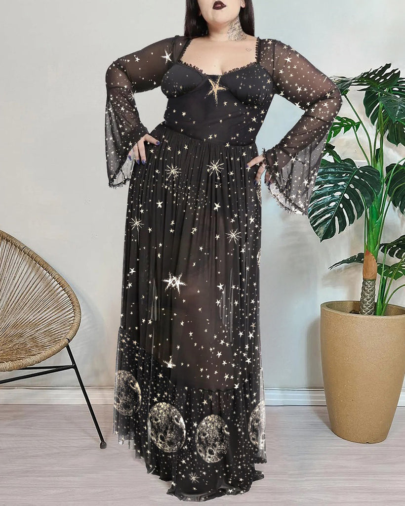 Shining Moon And Star Pattern Print Long Sleeve Chiffon Waist Plus Size Dress