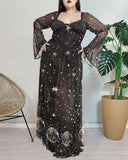 Shining Moon And Star Pattern Print Long Sleeve Chiffon Waist Plus Size Dress