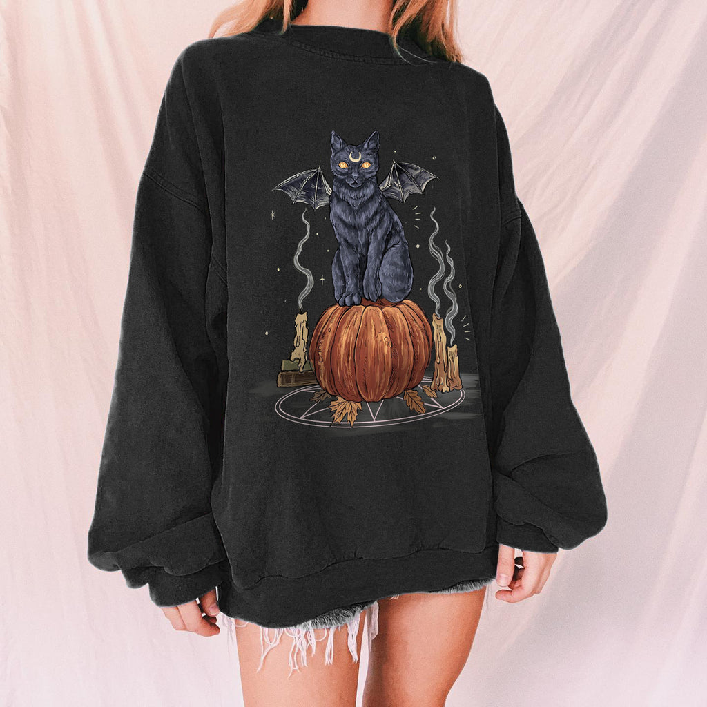 Halloween Bat Wings Black Cats Printed Casual Sweatshirt