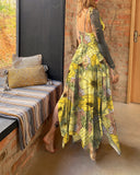 Tropical Pineapple Rhubarb Print Slip Maxi Dress