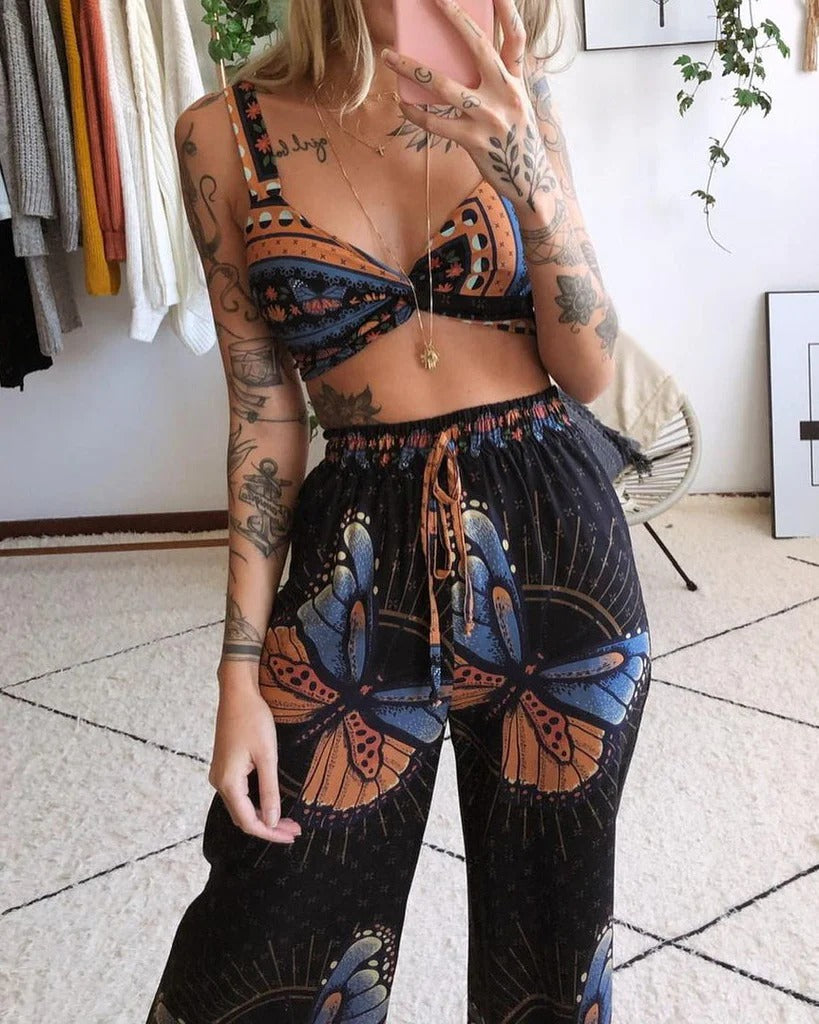 Black Butterfly Elf Printed Two-Piece Pant Set