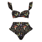 Mysterious Mushroom Paradise Print Ruffle Sleeves Bikini