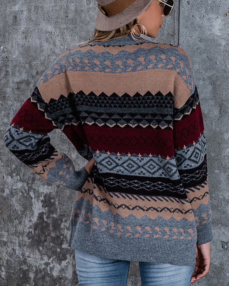 Ethnic Print Cozy Casual Knitted Pullover Sweater