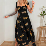 Black Butterflies Moths Printed Maxi Dress