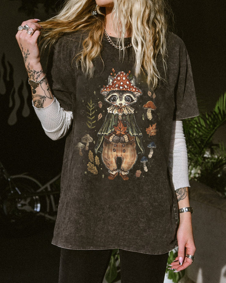 Dark Grey little Forest Racoon Printed Casual Oversized Oversized T-Shirt