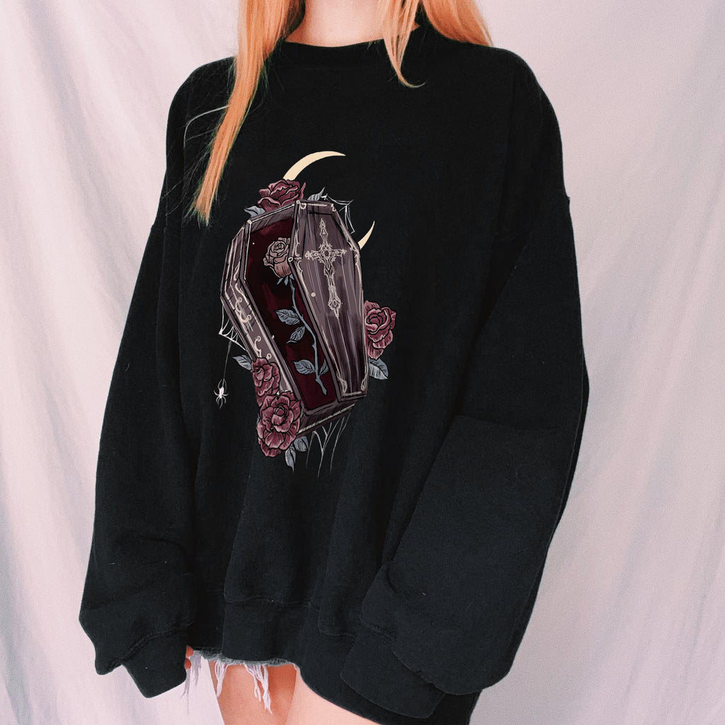 Halloween Midnight Rose Coffin Printed Casual Sweatshirt