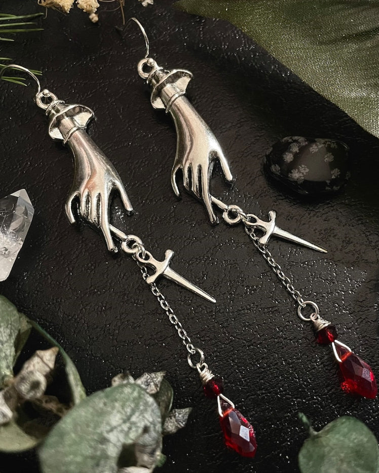 Gothic Hand Sword Charm Earrings