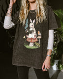 Dark Grey Forest Bunny Printed Casual Oversized T-Shirt