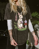 Dark Grey Tea Time Bunny Printed Casual Oversized T-Shirt