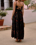 Dark Crane Print Backless Slip Dress