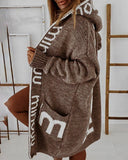 Letter Print Hooded Knitted Cardigan Sweater