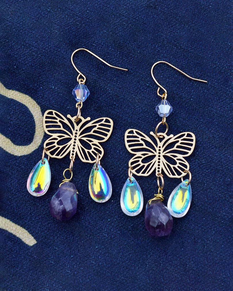 Fantasy Moths Water Drop Crystal Earrings